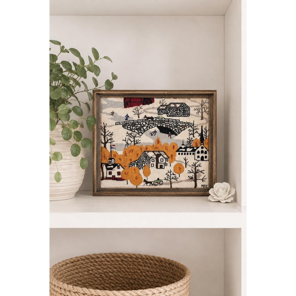 Vintage Framed Needlepoint Folk Art Snowy Village Horse Bridge Rustic Wall Decor